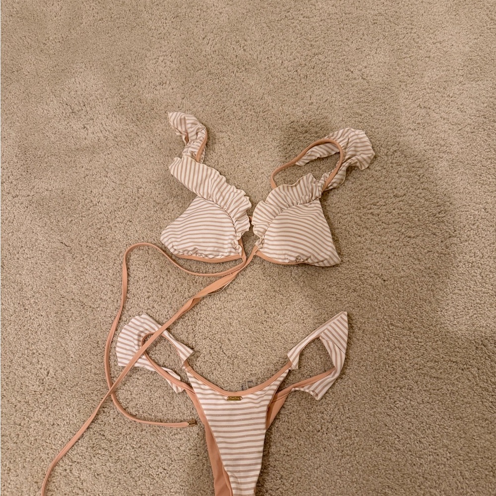 Beach Bunny Pink & White Striped Ruffle Bikini Top